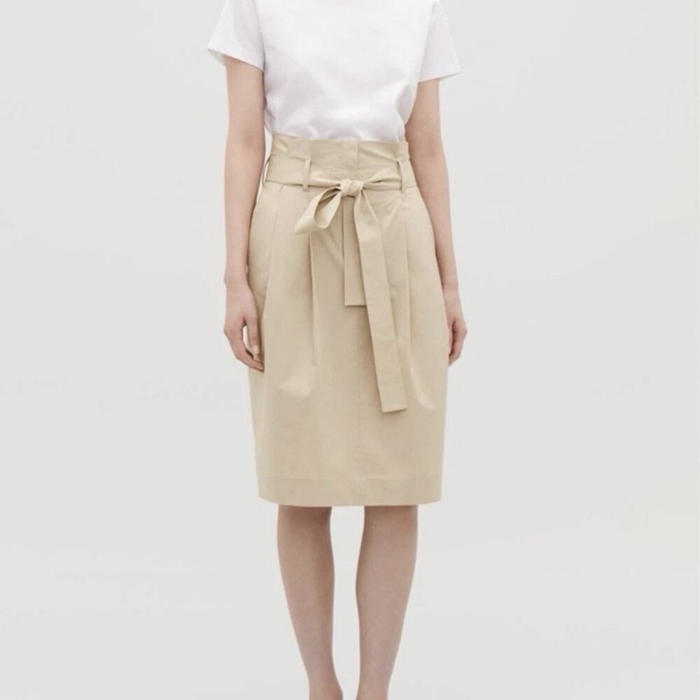 COS Paperbag Pleated Skirt High Waist Belted Knee Length Beige Cotton Sz 6 - Picture 2 of 5